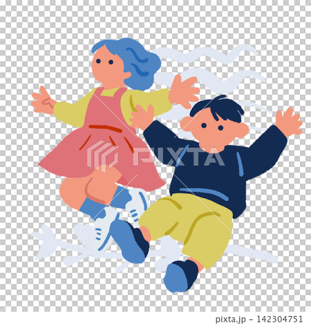 子育てメディア向け:腕を広げてジャンプする2人の子供のイラスト 子育てメディア向け:腕を広げてジャンプする2人の子供のイラスト 142304751