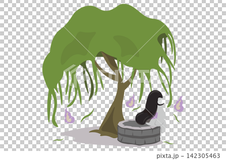 柳の木の下の古井戸に腰かけて人魂と話す着物の幽霊のイラスト 柳の木の下の古井戸に腰かけて人魂と話す着物の幽霊のイラスト 142305463