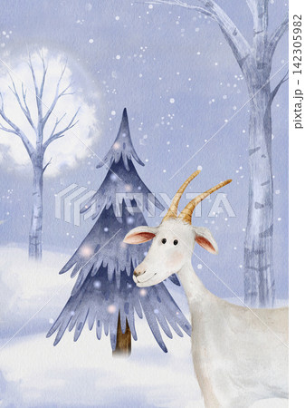 Snowy Christmas greeting card with white goat on background winter Scandinavian forest. Watercolor winter background illustration featuring simple light blue sky filled with falling white snowflakes Snowy Christmas greeting card with white goat on background winter Scandinavian forest. Watercolor winter background illustration featuring simple light blue sky filled with falling white snowflakes 142305982
