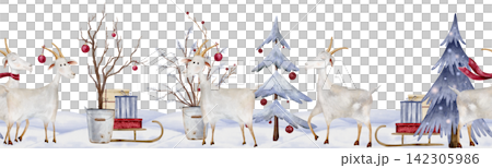 Seamless border with watercolor illustration Christmas Goats in winter scene. Hand painted decorative fir trees with gift boxes and sleighs on snow for cards or banners. Pastel blue and red colors Seamless border with watercolor illustration Christmas Goats in winter scene. Hand painted decorative fir trees with gift boxes and sleighs on snow for cards or banners. Pastel blue and red colors 142305986