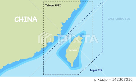 Geopolitical map demonstrating boundaries of Taiwan Strait along with ADIZ defense zone and Taipei FIR region. Educational infographic details sea borders near China for geography study Geopolitical map demonstrating boundaries of Taiwan Strait along with ADIZ defense zone and Taipei FIR region. Educational infographic details sea borders near China for geography study 142307016