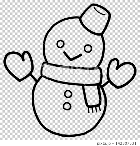 A hand-drawn illustration (line art) of a snowman wearing a Christmas scarf. A hand-drawn illustration (line art) of a snowman wearing a Christmas scarf. 142307331