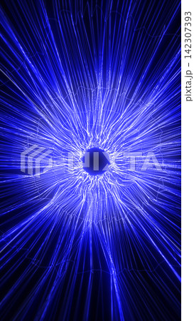 Blue futuristic data burst with glowing radial lines, wireframe connections, and dark center for technology and energy concepts. Blue futuristic data burst with glowing radial lines, wireframe connections, and dark center for technology and energy concepts. 142307393