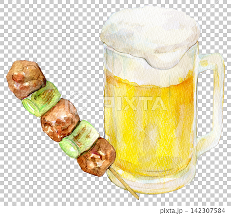 Watercolor illustration, hand-drawn illustration: Yakitori and draft beer Watercolor illustration, hand-drawn illustration: Yakitori and draft beer 142307584
