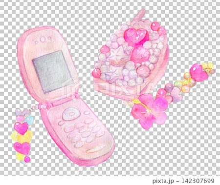 Watercolor illustration, hand-drawn illustration, Heisei era flip phone Watercolor illustration, hand-drawn illustration, Heisei era flip phone 142307699