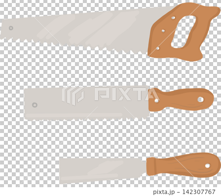 A cute cartoon collection of three hand saws with wooden handles, featuring a clean flat illustration style. Perfect for Labor Day,  142307767
