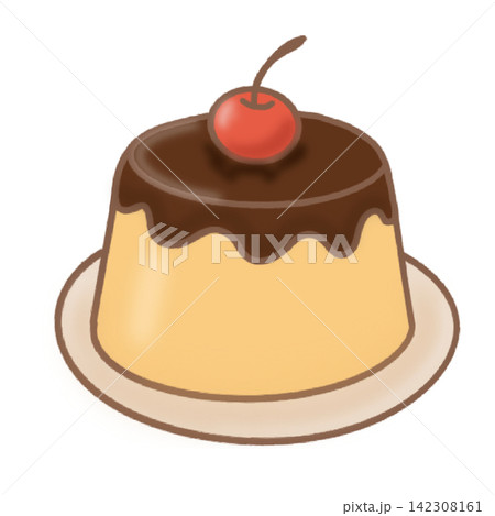 Sweet caramel custard pudding with chocolate topping cherry bakery cafe dessert sticker print visual graphic clipart artwork design icon element illustration 142308161