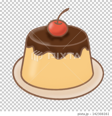 Sweet caramel custard pudding with chocolate topping cherry bakery cafe dessert sticker print visual graphic clipart artwork design icon element illustration 142308161