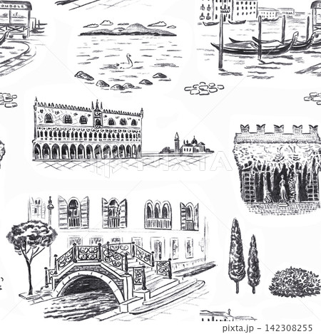 Seamless pattern hand drawn charcoal sketch illustration of Venice with Doge palace, gondolas, canal bridge, lagoon island and Italian architecture. Seamless pattern hand drawn charcoal sketch illustration of Venice with Doge palace, gondolas, canal bridge, lagoon island and Italian architecture. 142308255