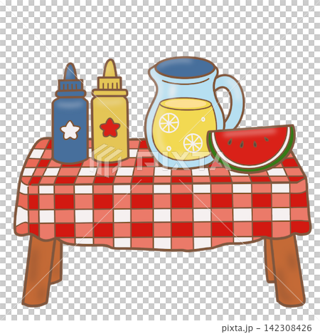 Picnic table with red plaid tablecloth lemonade condiments watermelon summer outdoor sticker print visual graphic clipart artwork design icon element illustration Picnic table with red plaid tablecloth lemonade condiments watermelon summer outdoor sticker print visual graphic clipart artwork design icon element illustration 142308426