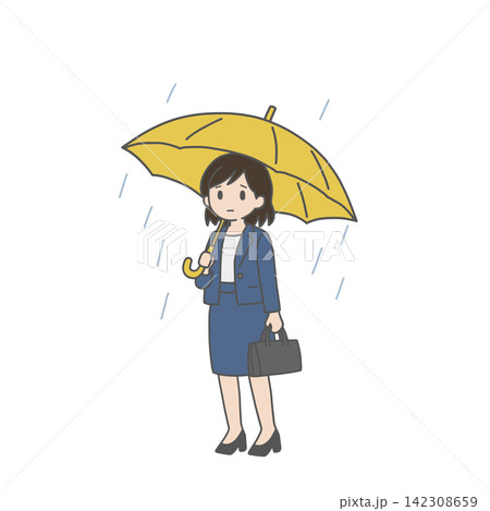 雨の中、黄色い傘をさす無表情の女性社員 雨の中、黄色い傘をさす無表情の女性社員 142308659