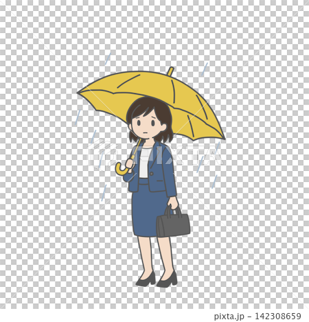 雨の中、黄色い傘をさす無表情の女性社員 雨の中、黄色い傘をさす無表情の女性社員 142308659
