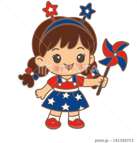 Cute girl wearing american flag dress holding pinwheel 4th of July celebration sticker print visual graphic clipart artwork design icon element illustration Cute girl wearing american flag dress holding pinwheel 4th of July celebration sticker print visual graphic clipart artwork design icon element illustration 142308723