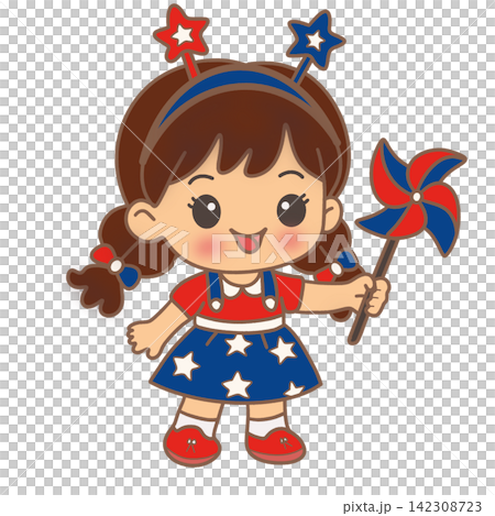 Cute girl wearing american flag dress holding pinwheel 4th of July celebration sticker print visual graphic clipart artwork design icon element illustration Cute girl wearing american flag dress holding pinwheel 4th of July celebration sticker print visual graphic clipart artwork design icon element illustration 142308723