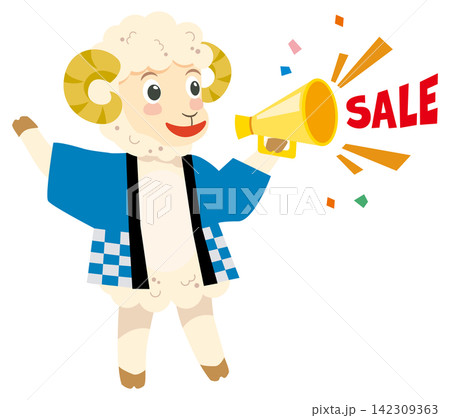 セールでメガホンを持つ未年のかわいい羊キャラクターのイラスト セールでメガホンを持つ未年のかわいい羊キャラクターのイラスト 142309363