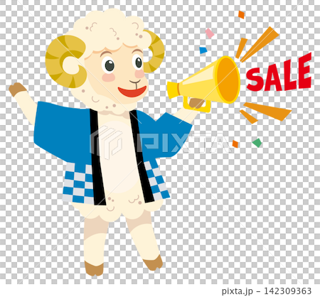 セールでメガホンを持つ未年のかわいい羊キャラクターのイラスト セールでメガホンを持つ未年のかわいい羊キャラクターのイラスト 142309363