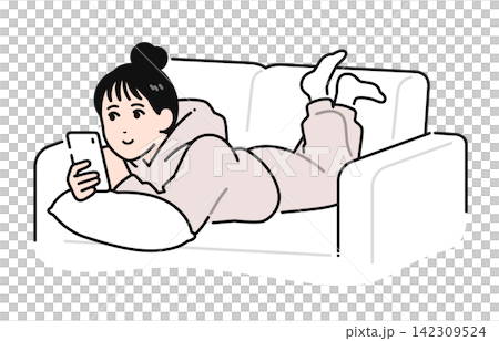 A simple vector illustration of a young woman with her hair tied up, relaxing on a sofa and looking at her smartphone. A simple vector illustration of a young woman with her hair tied up, relaxing on a sofa and looking at her smartphone. 142309524