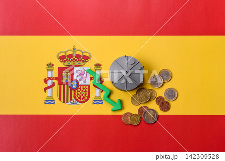 Liquefied gas storage tanks set against the Spanish flag, as a background for your design Liquefied gas storage tanks set against the Spanish flag, as a background for your design 142309528