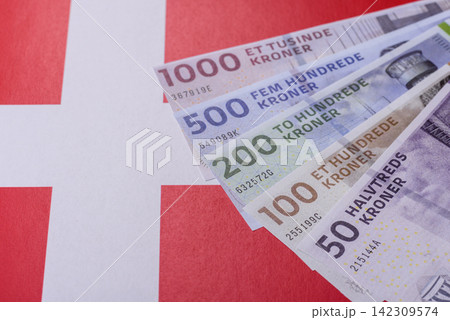 Denmark, Danish paper banknotes kroner for settlements and financial transactions. Danish kroner Denmark, Danish paper banknotes kroner for settlements and financial transactions. Danish kroner 142309574