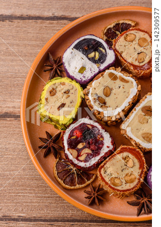 Turkish delight or lokum is a traditional Eastern sweet made with nuts. Turkish delight, lokum Turkish delight or lokum is a traditional Eastern sweet made with nuts. Turkish delight, lokum 142309577