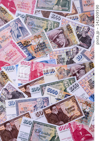 Iceland, Icelandic paper banknotes krona for settlements and financial transactions. Icelandic krona 142309590