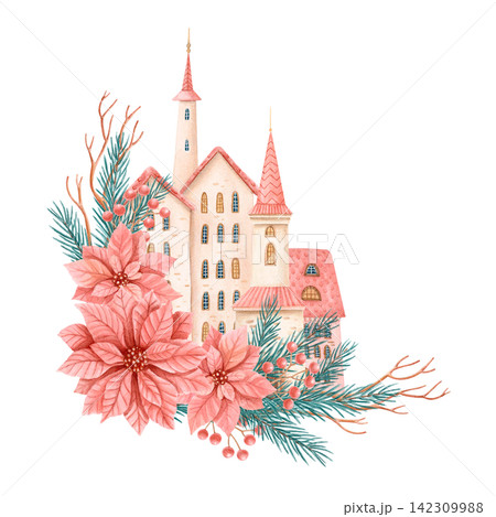 Hand drawn watercolor Christmas village with vintage houses, church, pine branches, poinsettia and winter berries. Festive isolated composition for greeting cards, invitations, holiday stationery Hand drawn watercolor Christmas village with vintage houses, church, pine branches, poinsettia and winter berries. Festive isolated composition for greeting cards, invitations, holiday stationery 142309988