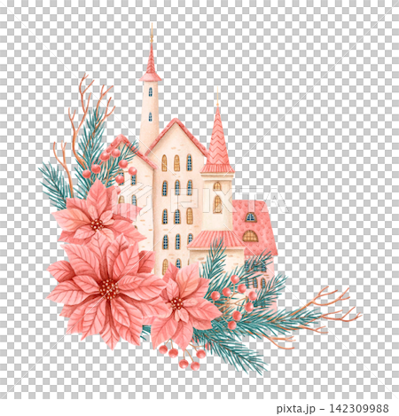 Hand drawn watercolor Christmas village with vintage houses, church, pine branches, poinsettia and winter berries. Festive isolated composition for greeting cards, invitations, holiday stationery Hand drawn watercolor Christmas village with vintage houses, church, pine branches, poinsettia and winter berries. Festive isolated composition for greeting cards, invitations, holiday stationery 142309988
