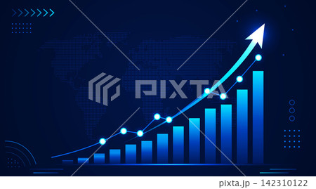 Upward Arrow and Global Technology Background Representing Business Success Upward Arrow and Global Technology Background Representing Business Success 142310122