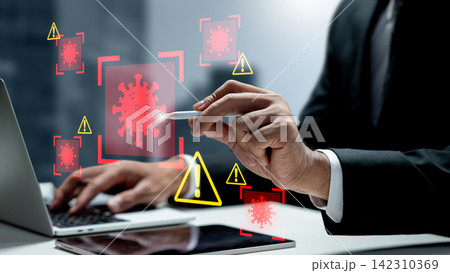 A businessman uses a laptop and stylus to detect and analyze digital malware threats and cybersecurity viruses represented by warning icons. Concept of Technology Security 142310369