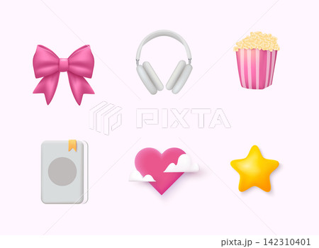 Set of girls icons and objects: pink bow,  headphones, star, book, popcorn. 3D Web Vector Illustrations. 142310401