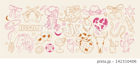 Hand drawn crayon cowgirl western stickers with cowboy boots, hat and gambling icons Hand drawn crayon cowgirl western stickers with cowboy boots, hat and gambling icons 142310406