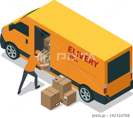 Delivery courier loading package into vehicle Delivery courier loading package into vehicle 142310708