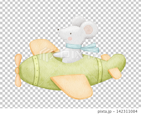 Cute mouse flying green plane. Funny cartoon animal pilot character for nursery art, baby shower card, isolated watercolour illustration Cute mouse flying green plane. Funny cartoon animal pilot character for nursery art, baby shower card, isolated watercolour illustration 142311084