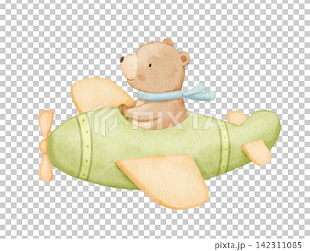 Cute bear flying green plane. Funny cartoon animal pilot character for children nursery art, baby shower card Cute bear flying green plane. Funny cartoon animal pilot character for children nursery art, baby shower card 142311085