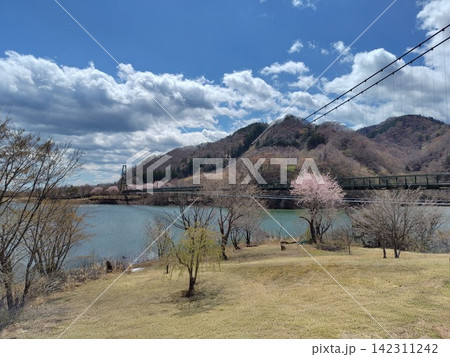 新緑の季節の巨大な吊り橋と湖の風景 新緑の季節の巨大な吊り橋と湖の風景 142311242