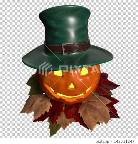 Glowing Halloween Pumpkin Wearing Green Top Hat Glowing Halloween Pumpkin Wearing Green Top Hat 142311247