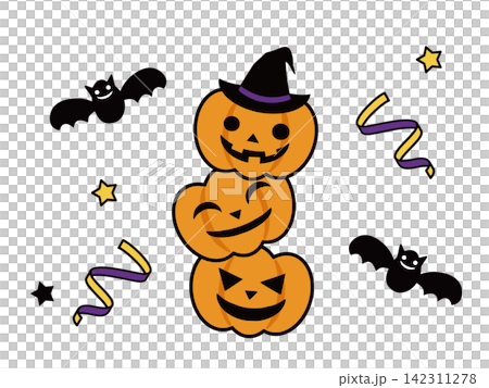 Cute illustration material of a jack-o'-lantern wearing a witch's hat and a bat. Cute illustration material of a jack-o'-lantern wearing a witch's hat and a bat. 142311278