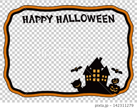Pop art bold line frame featuring a Halloween castle and jack-o'-lanterns. Pop art bold line frame featuring a Halloween castle and jack-o'-lanterns. 142311279