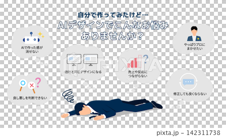 生成AIで自作したデザインに悩むビジネスマン、制作の課題とプロへの依頼を表すイラスト素材 142311738