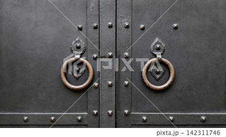 Iron gates with decorative ring handles and rivets made in vintage style Iron gates with decorative ring handles and rivets made in vintage style 142311746