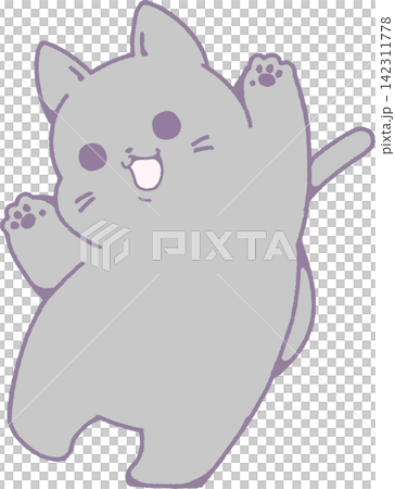 万歳ポーズで挨拶する元気なグレーのネコの手描風ベクター素材 万歳ポーズで挨拶する元気なグレーのネコの手描風ベクター素材 142311778