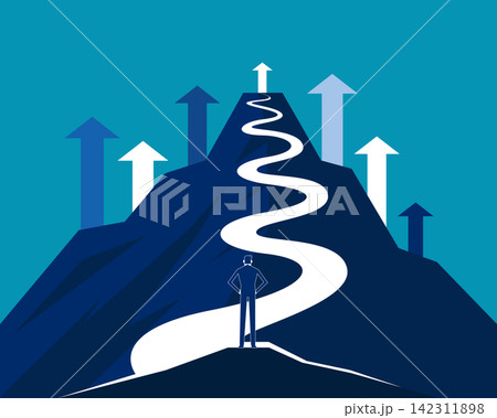 The winding path leading to the mountaintop symbolizes the process and obstacles that must be overcome to achieve the goal. 142311898