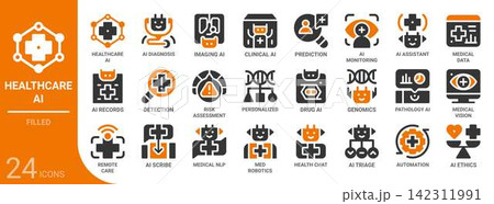 healthcare ai filled glyph icon set,24 vector icons healthcare ai filled glyph icon set,24 vector icons 142311991