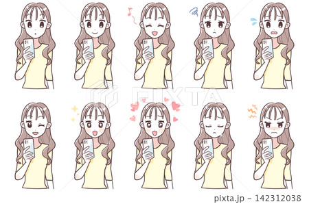 スマートフォンを見る女性の上半身シンプルイラスト_表情セット スマートフォンを見る女性の上半身シンプルイラスト_表情セット 142312038