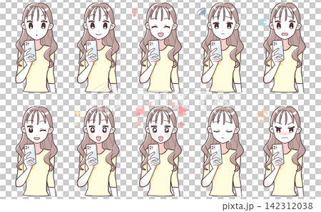 スマートフォンを見る女性の上半身シンプルイラスト_表情セット スマートフォンを見る女性の上半身シンプルイラスト_表情セット 142312038