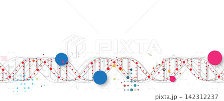 Futuristic science and medical background with molecule, DNA strands, connected neural web Futuristic science and medical background with molecule, DNA strands, connected neural web 142312237