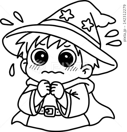 怯えて不安そうに震えるかわいい魔法使いの女の子|ファンタジー線画イラスト 怯えて不安そうに震えるかわいい魔法使いの女の子|ファンタジー線画イラスト 142312279