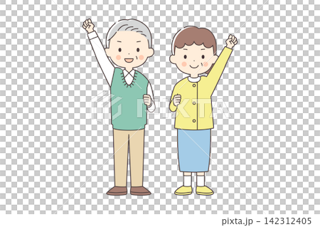 老年男女擺出勝利姿勢的全身插圖。 老年男女擺出勝利姿勢的全身插圖。 142312405