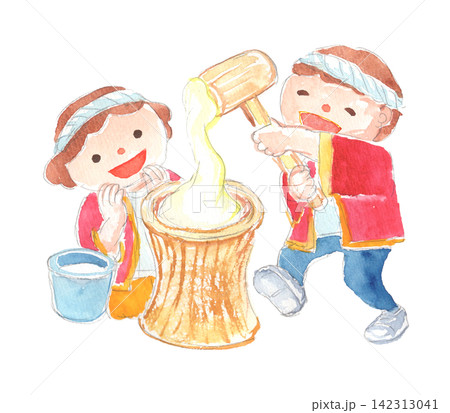 餅つきの水彩イラスト 餅つきの水彩イラスト 142313041