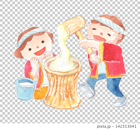餅つきの水彩イラスト 餅つきの水彩イラスト 142313041